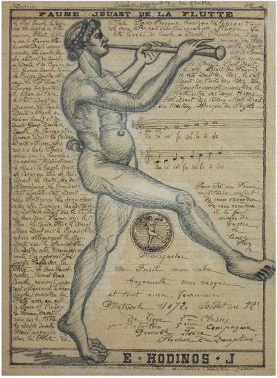 faun playing flute (untitled), circa 1890. black ink and graphite on paper , 8.27 x 11.42 in - © christian berst — art brut