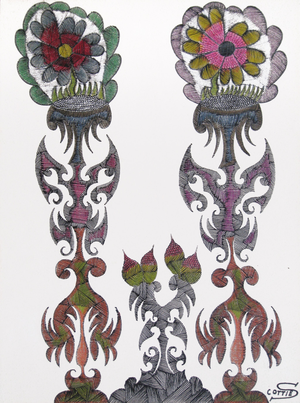 scottie wilson, *s.t. 2 fleurs*, 1944. encre de couleur sur feuille collée sur carton, 38 x 28 cm. - © christian berst art brut, christian berst — art brut