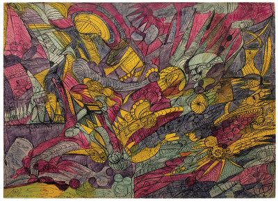 Madge Gill, *Luminous Planet*, circa 1940. ink on paper, 21.85 x 29.92 in. (55.5 x 76 cm) - © &copy; christian berst art brut, christian berst — art brut