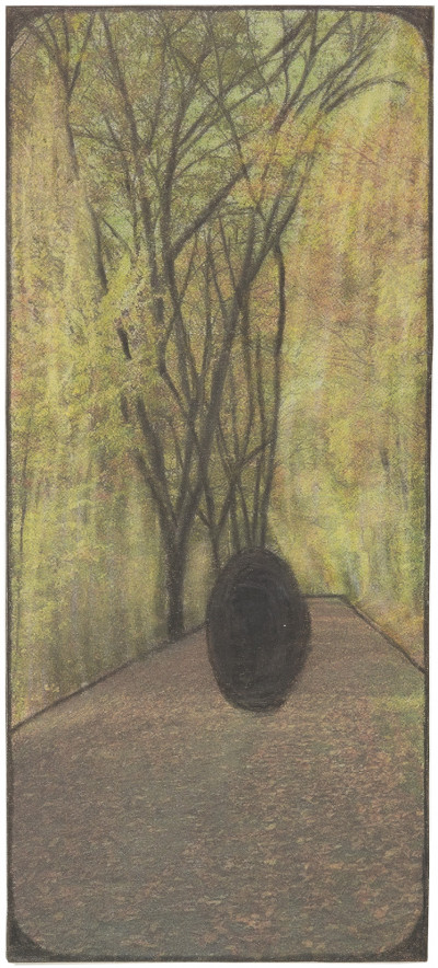 Leopold Strobl, *sans titre*, 2016. crayon et crayon de couleur sur papier journal, 14.7 x 6.5 cm. - © christian berst — art brut
