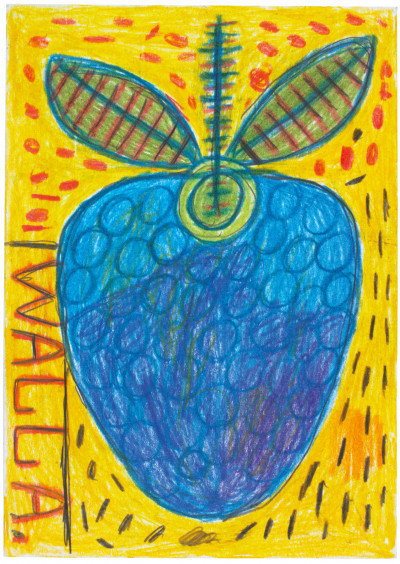 August Walla, *sans titre (1 BROMBEERE)*, 1999. crayon et crayon de couleur sur papier, 14.7 x 10.4 cm - © christian berst — art brut