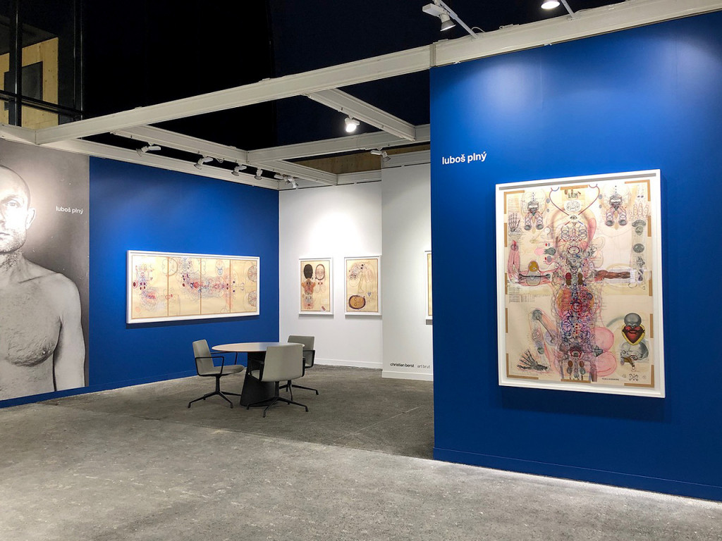 view of the christian berst art brut gallery booth at the Fiac, *solo show : Luboš Plný*, grand palais éphémère, Paris, 2021 - © christian berst — art brut