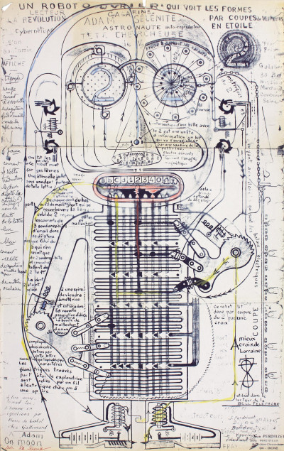 Jean Perdrizet, Sans titre (Un robot ouvrier qui voit les formes par coupes de vecteurs en étoile), circa 1970. Ronéotype, stylo à bille, feutre et crayons de couleur sur papier plié, 65 x 40 cm - © christian berst art brut, christian berst — art brut